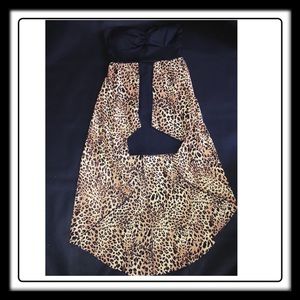 Black and cheetah Print strapless dress.